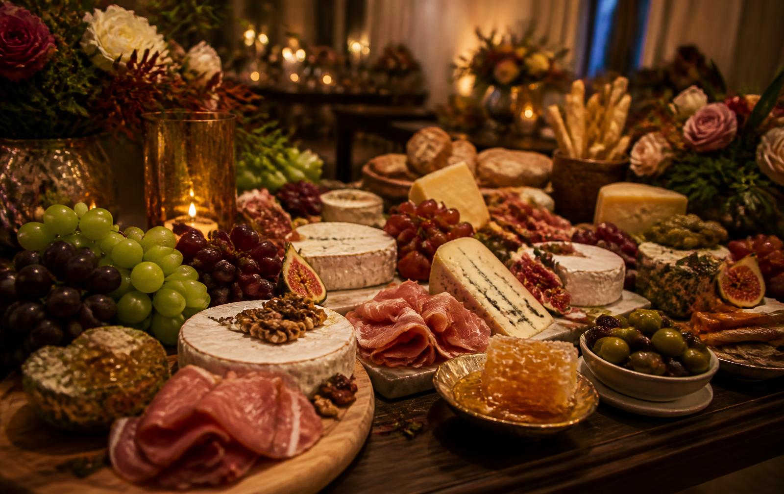 Styled grazing table with cheese, charcuterie and fruit