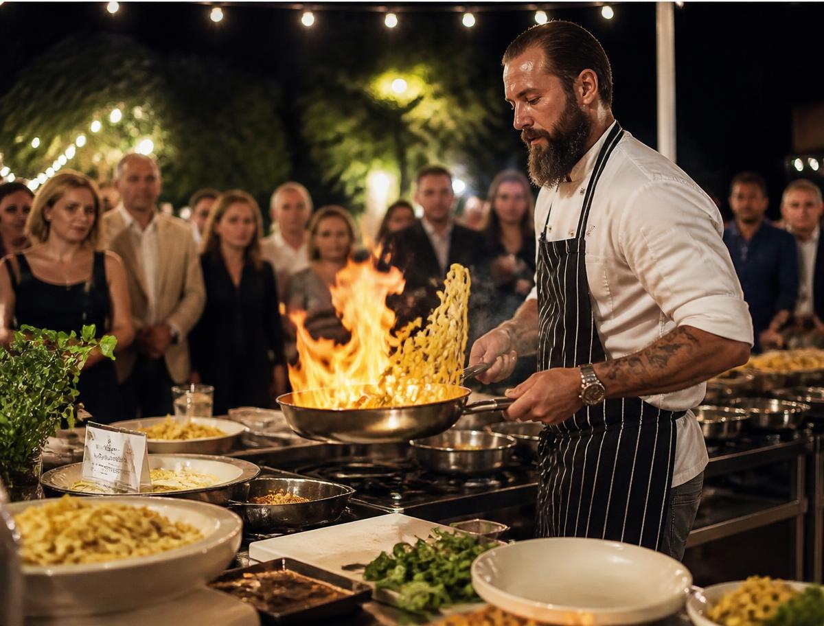 Chef cooking pasta at a live counter during an event